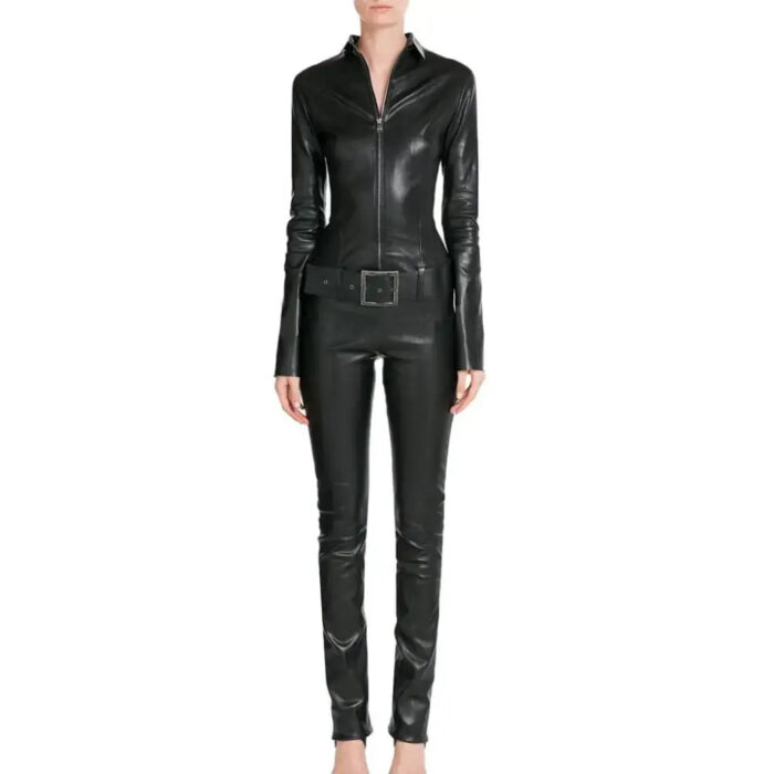 Women’s Black Designer Leather Jumpsuit with Belted Waist