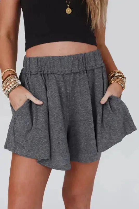 Gray Elastic Waist Culotte Shorts - Image 3