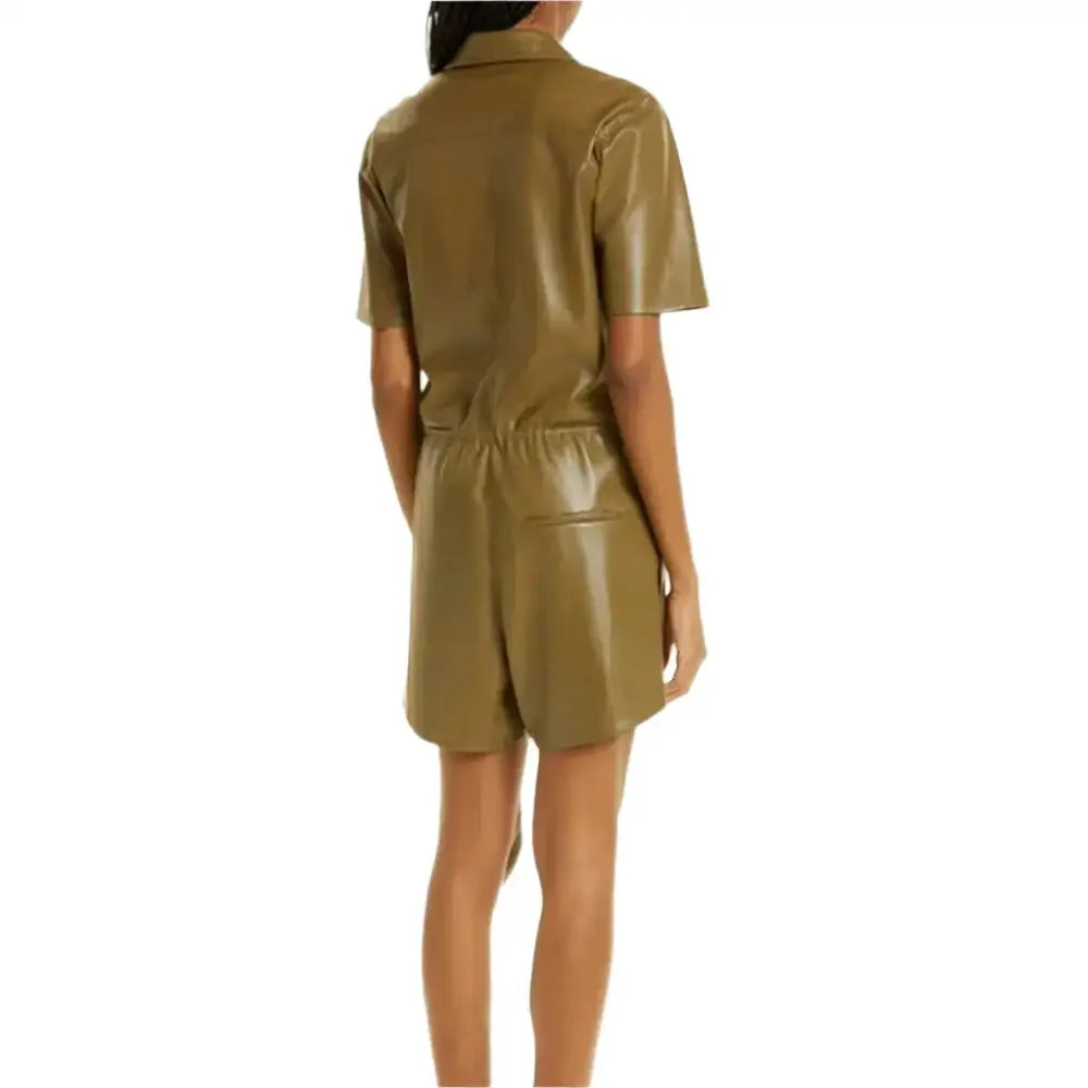 Women’s Khaki Brown Leather Playsuit - Image 2