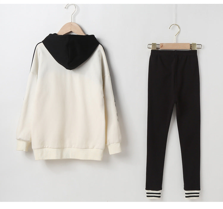 Girls Letters Printing Patchwork Design Hoodie Striped Pants Sets - Image 2