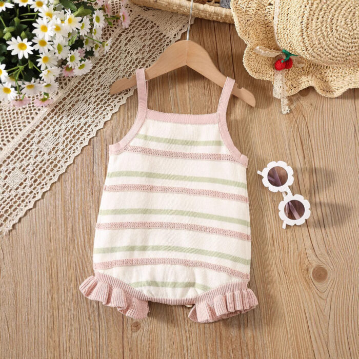 Summer Arrival Baby Girls Cute Thin Striped Pattern Sleeveless Strap Onesies - Image 10