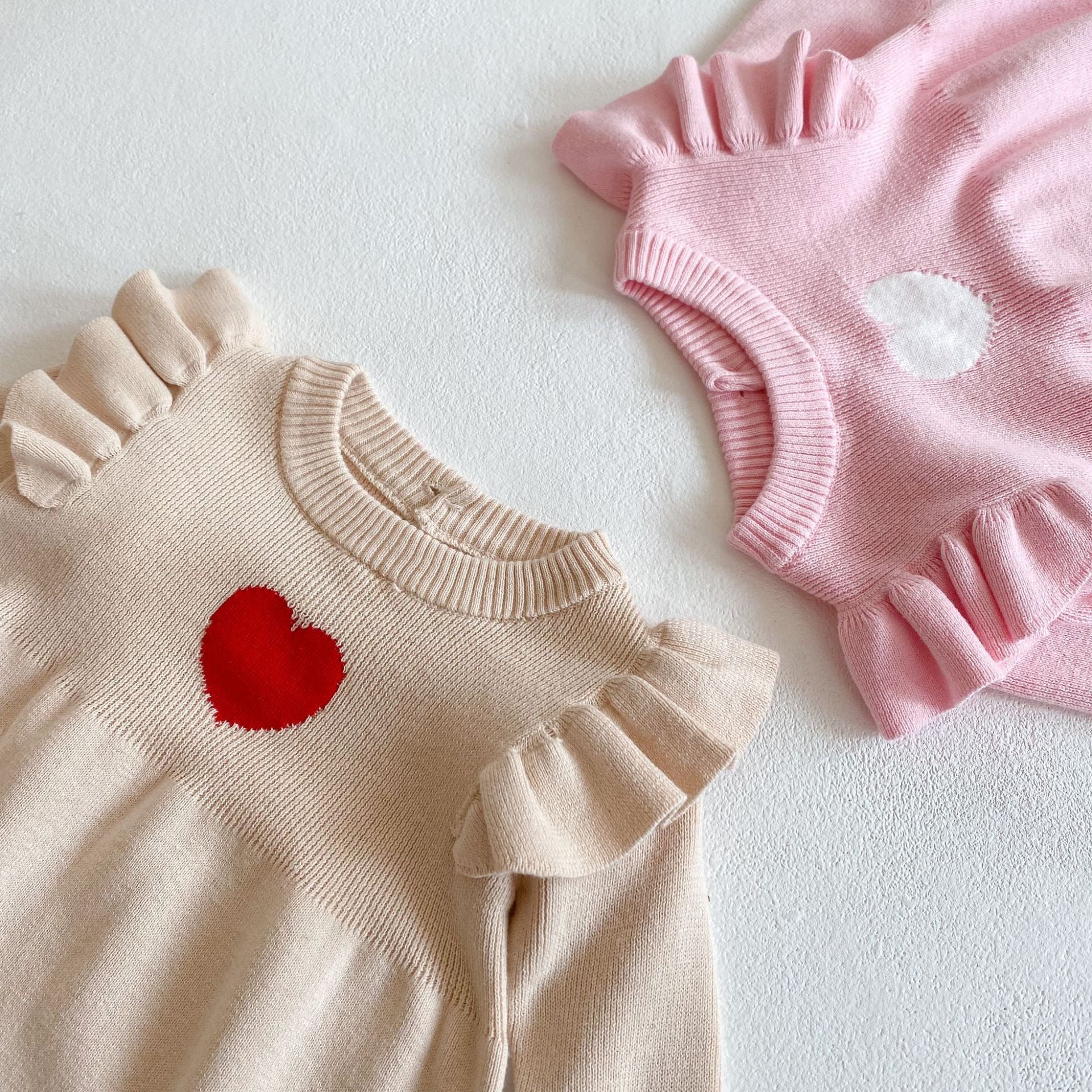 Baby Girl 1pcs Heart Embroidered Pattern Ruffle Long Sleeve Knit Onesies - Image 2