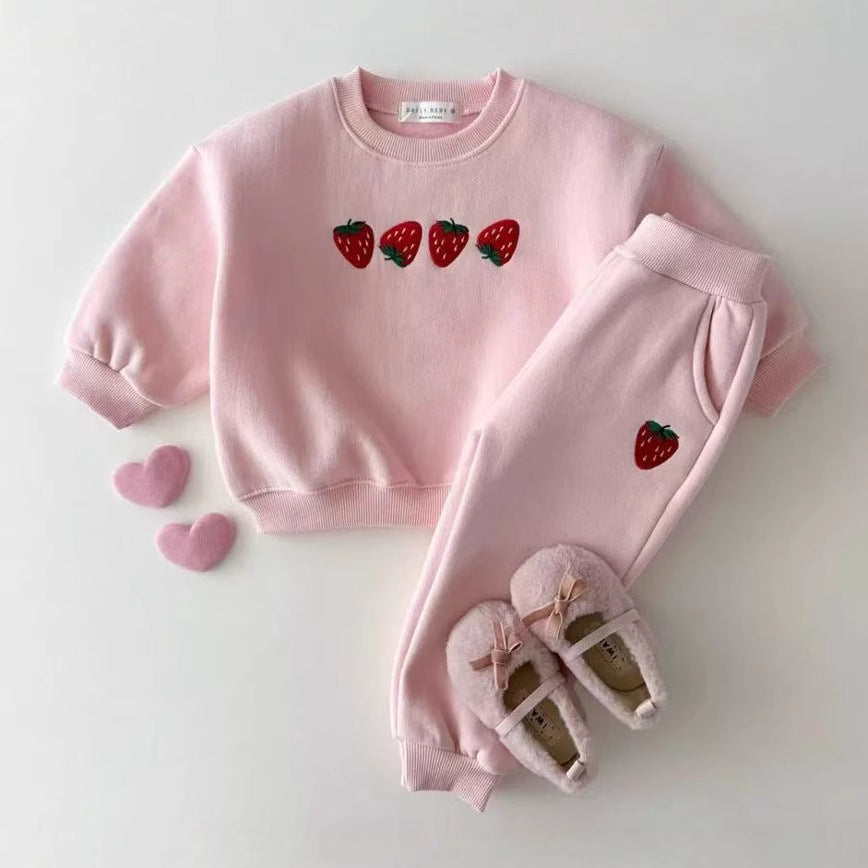 Autumn Baby Kids Unisex Casual Strawberry Embroidered Pattern Long Sleeves Top Pullover and Pants Clothing Set - Image 24