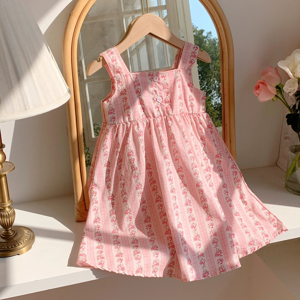 Summer Baby Kids Girls Sleeveless Flowers Pattern Printed Striped Dress - Image 10