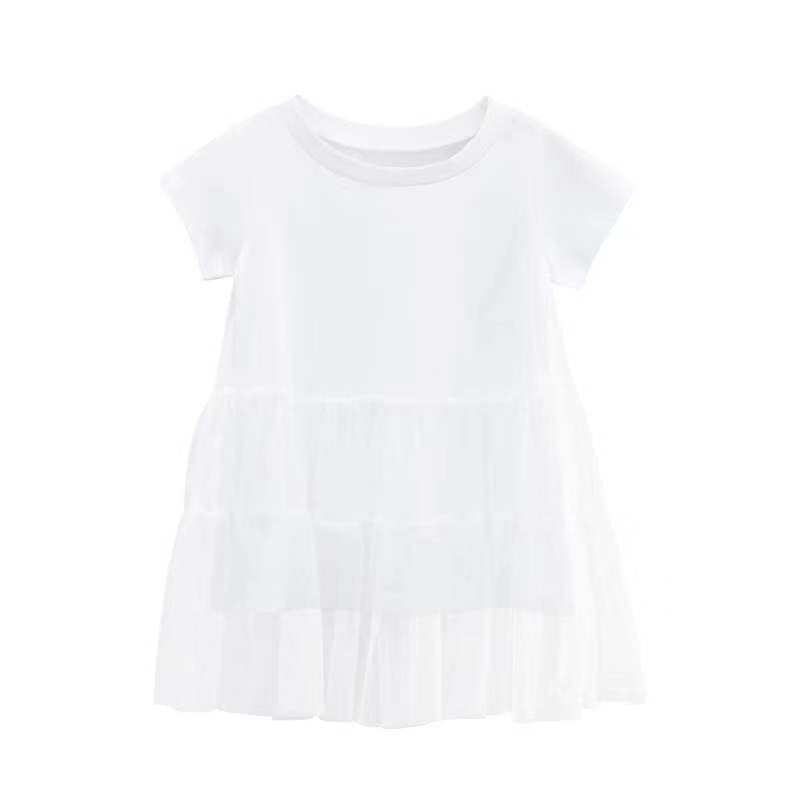 Girl Solid Mesh Pattern Short Sleeve Round Collar Dress In Summer - Image 24