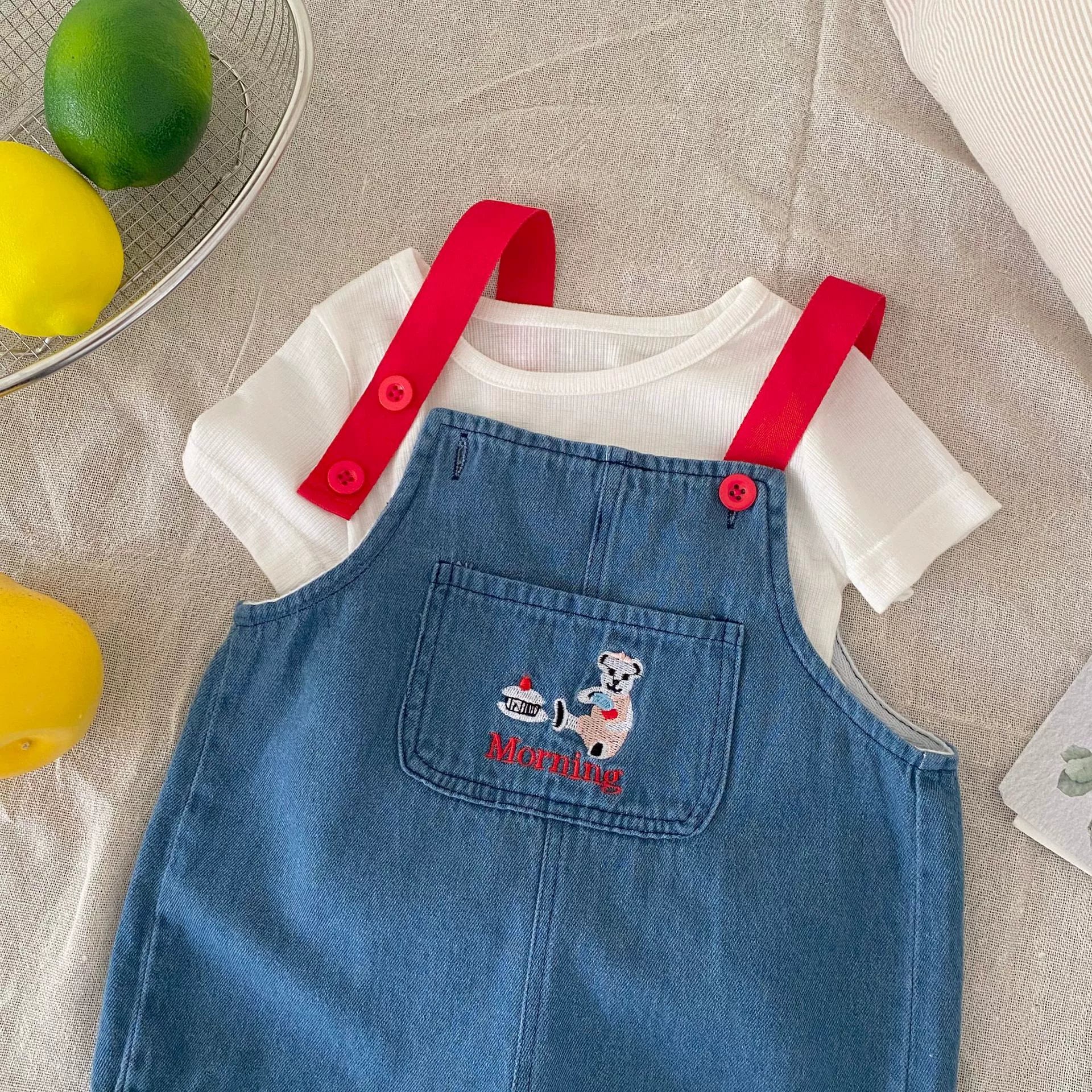 Summer Arrival Baby Unisex Cartoon Embroidered Sleeveless Denim Strap Overalls - Image 4