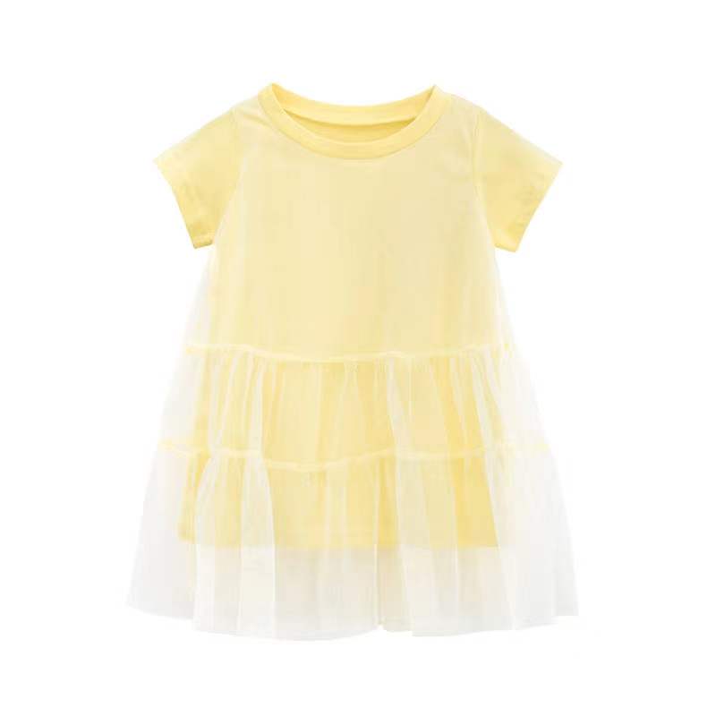 Girl Solid Mesh Pattern Short Sleeve Round Collar Dress In Summer - Image 13