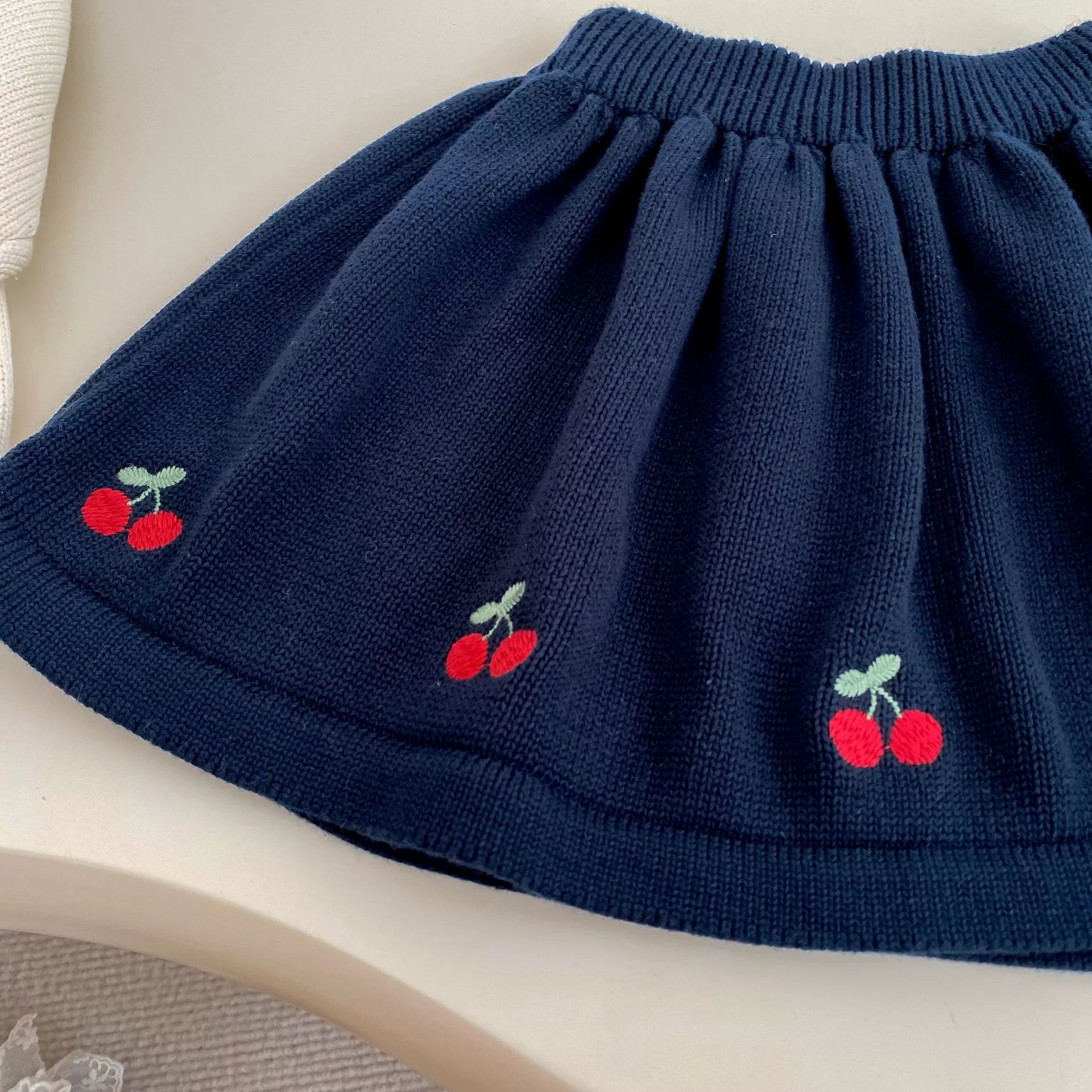 Spring and Autumn Kids Girls Cherry Embroidered Pattern Long Sleeves Knitted Cardigan and Skirt Clothing Set - Image 3