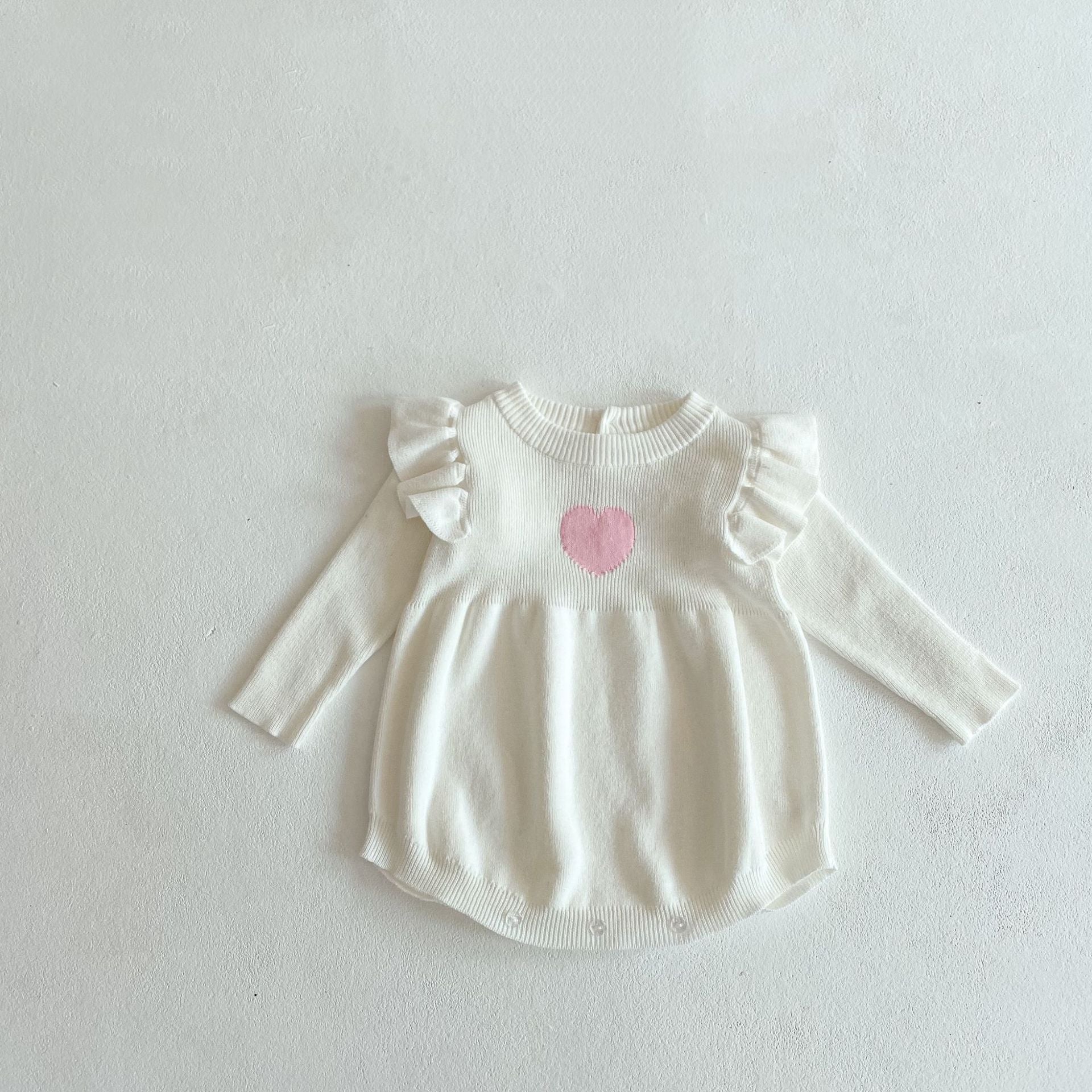 Baby Girl 1pcs Heart Embroidered Pattern Ruffle Long Sleeve Knit Onesies - Image 17