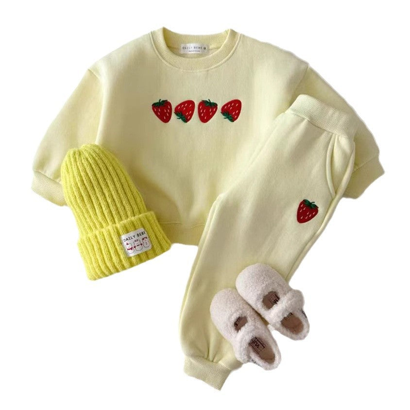 Autumn Baby Kids Unisex Casual Strawberry Embroidered Pattern Long Sleeves Top Pullover and Pants Clothing Set - Image 7