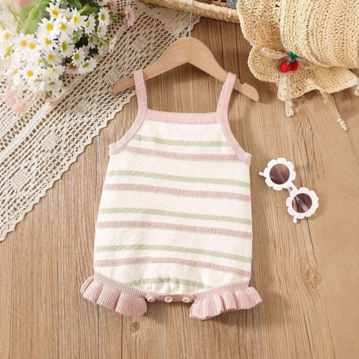 Summer Arrival Baby Girls Cute Thin Striped Pattern Sleeveless Strap Onesies - Image 4