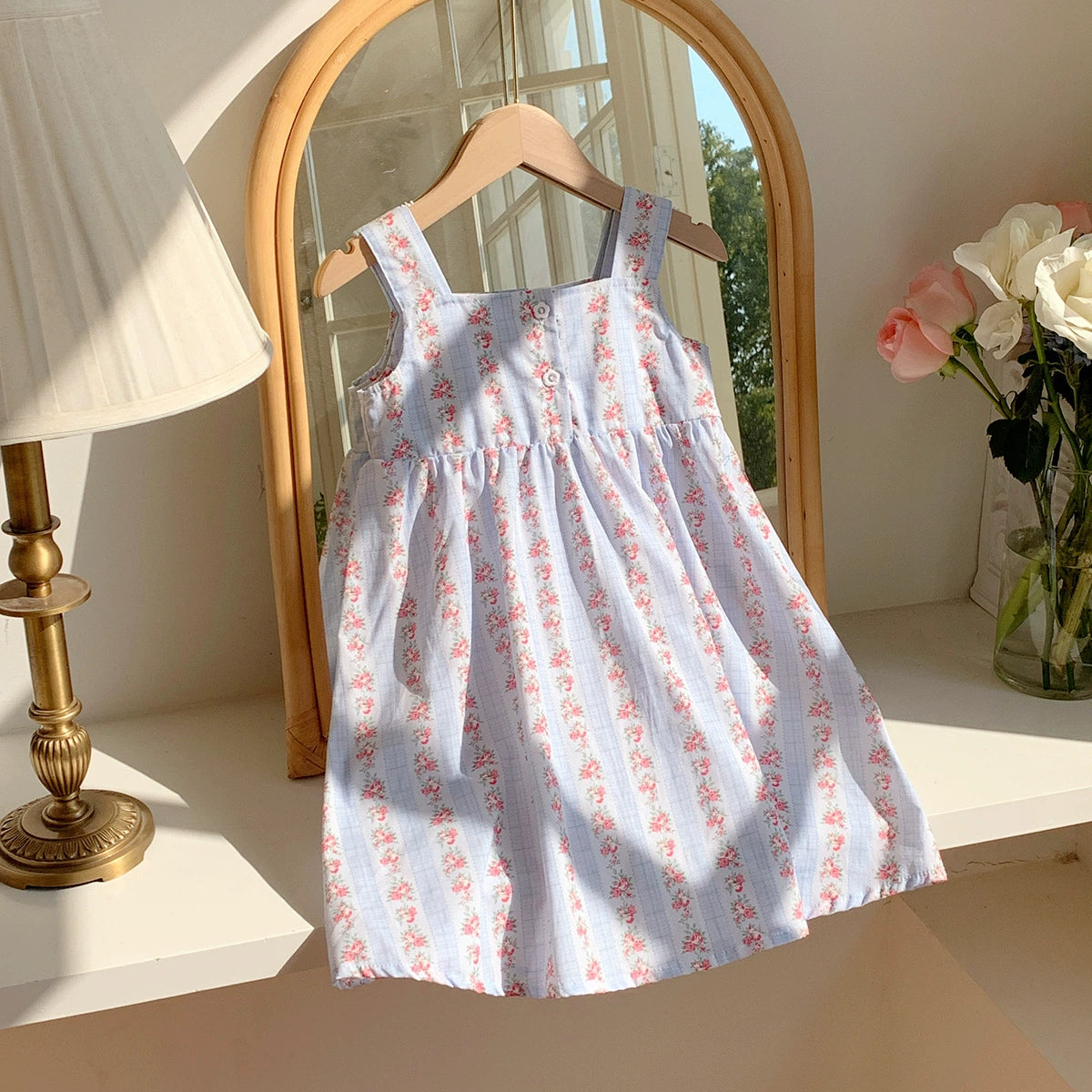 Summer Baby Kids Girls Sleeveless Flowers Pattern Printed Striped Dress - Image 13