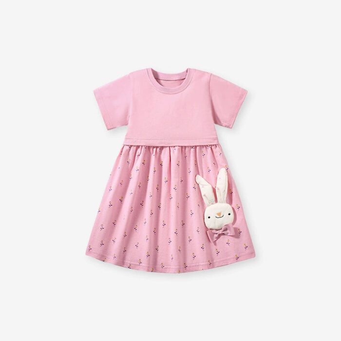 Summer Arrival Animals Cartoon Pattern Short Sleeves Floral Dress for Stylish Girls