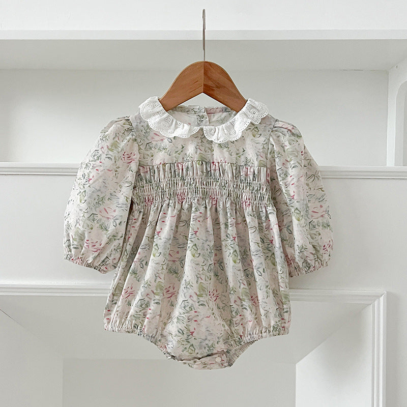 Arrival Autumn Baby Kids Girls Long Sleeves Light Green Floral French Collar Onesies and Dress – Princess Sister Matching Set - Image 4