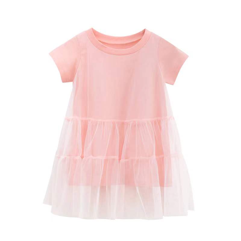Girl Solid Mesh Pattern Short Sleeve Round Collar Dress In Summer - Image 7
