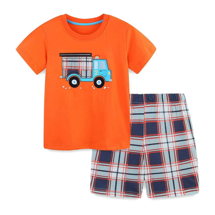 Summer Baby Kids Cartoon Truck Pattern T-shirt and Plaid Shorts Color Patchwork Clothing Set for Boys