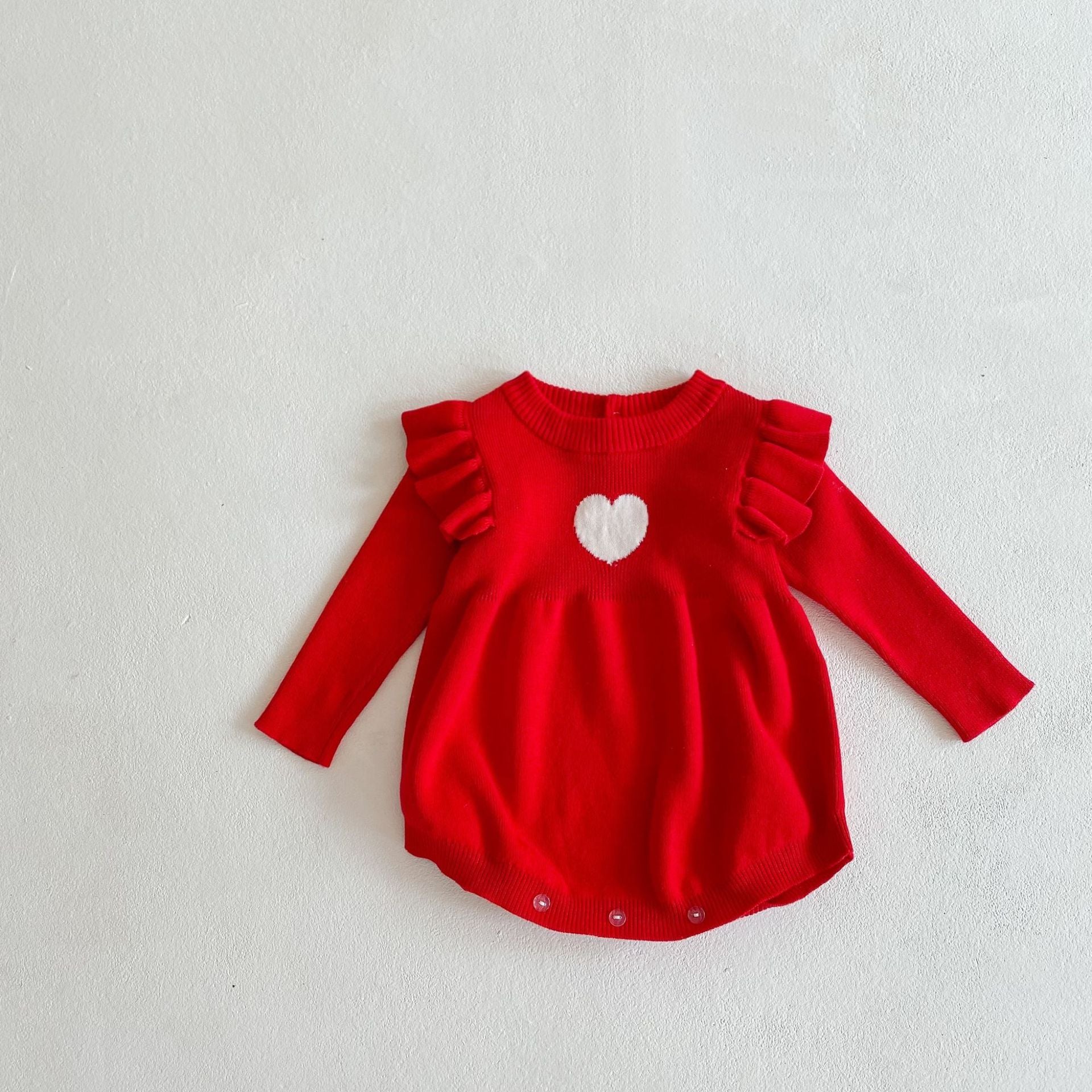 Baby Girl 1pcs Heart Embroidered Pattern Ruffle Long Sleeve Knit Onesies - Image 12