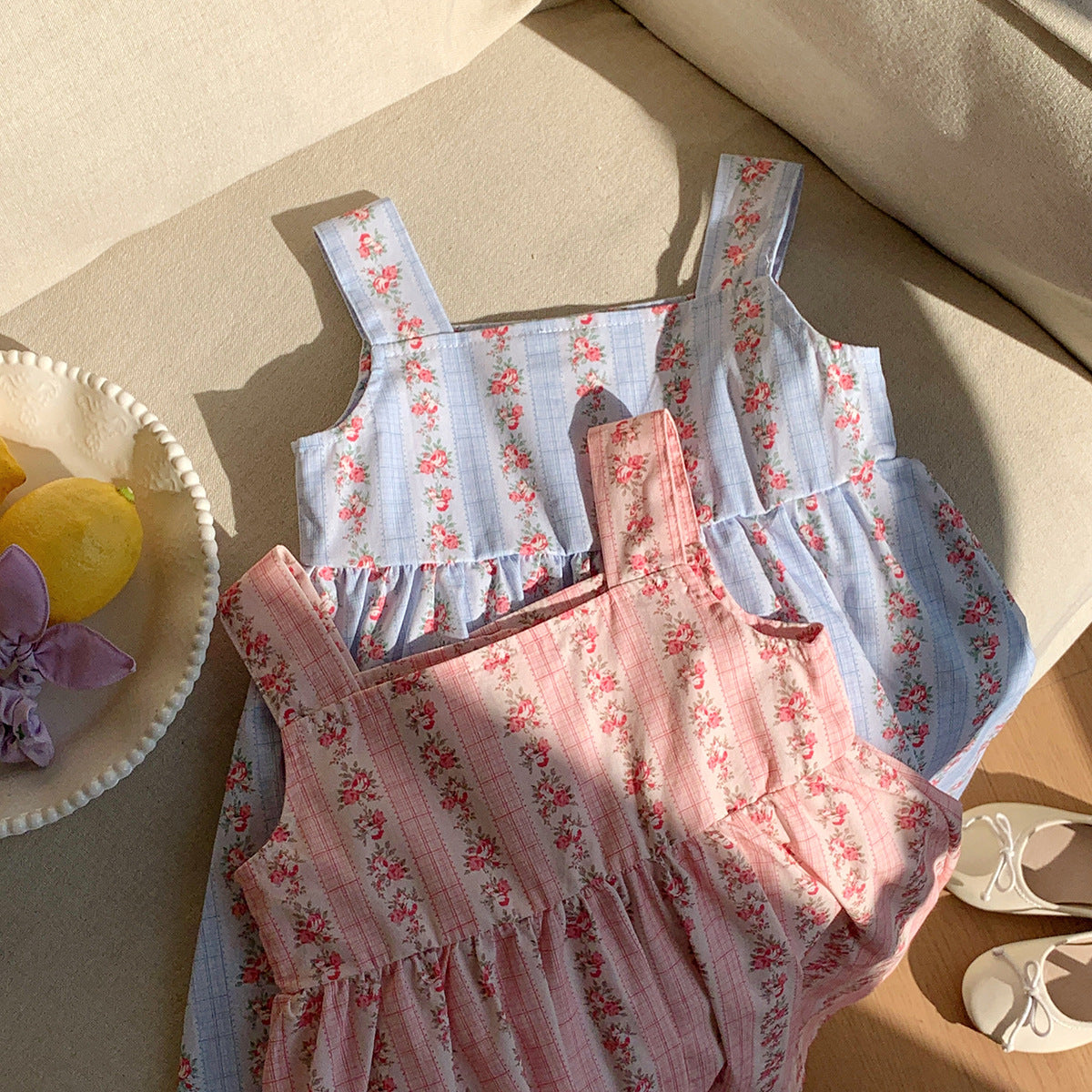 Summer Baby Kids Girls Sleeveless Flowers Pattern Printed Striped Dress - Image 5