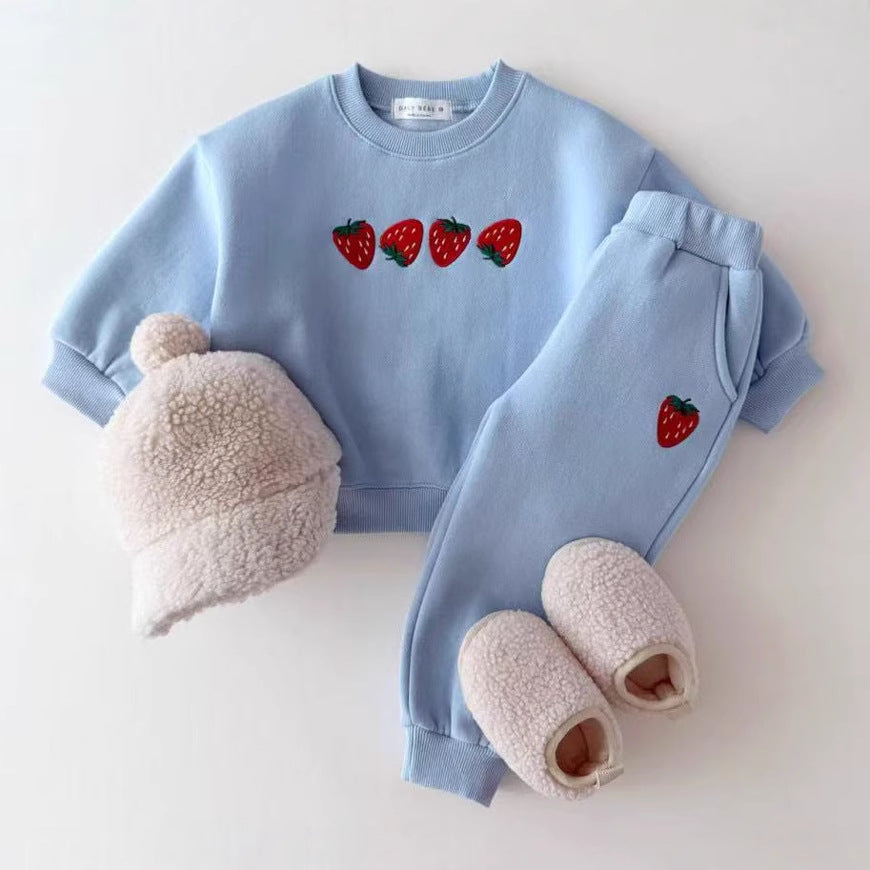 Autumn Baby Kids Unisex Casual Strawberry Embroidered Pattern Long Sleeves Top Pullover and Pants Clothing Set - Image 11