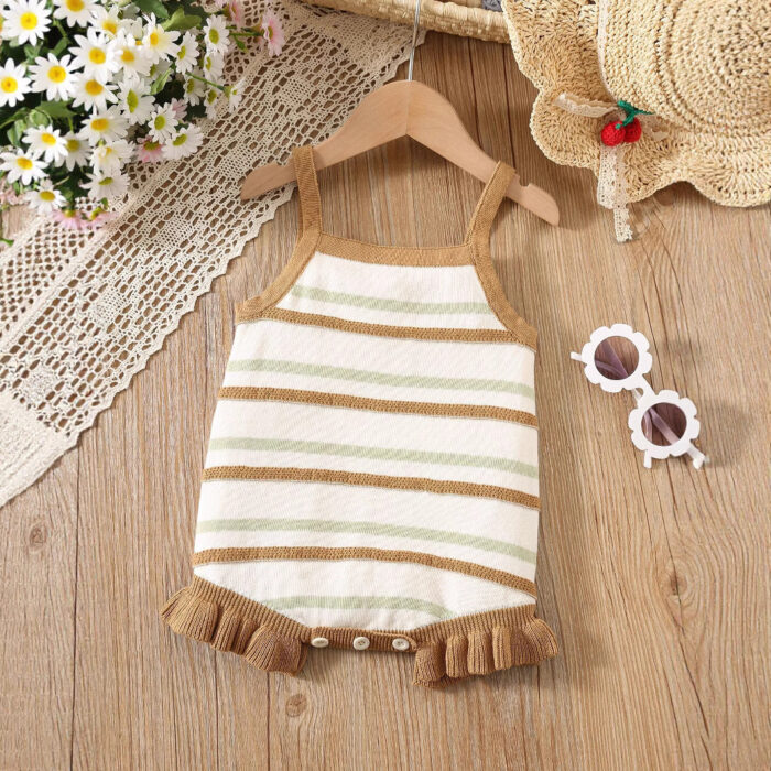 Summer Arrival Baby Girls Cute Thin Striped Pattern Sleeveless Strap Onesies - Image 5