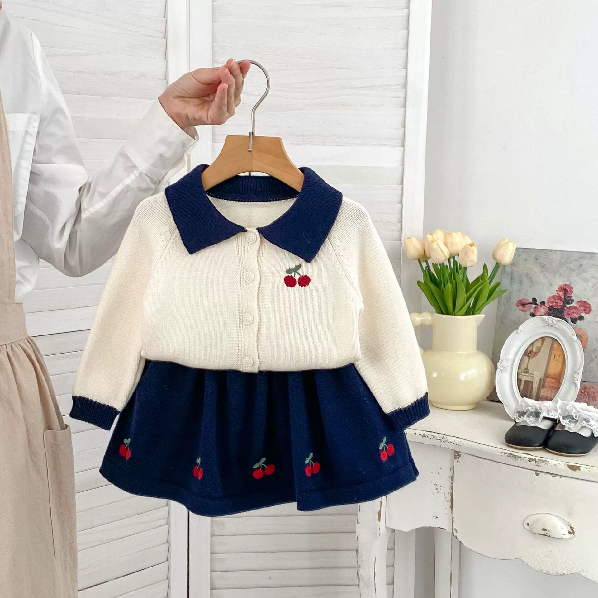 Spring and Autumn Kids Girls Cherry Embroidered Pattern Long Sleeves Knitted Cardigan and Skirt Clothing Set - Image 2