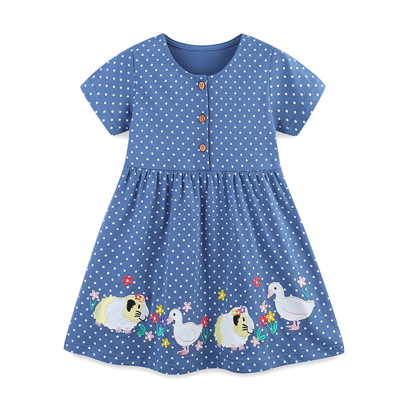 Summer Pure Cotton Dots and Animals Pattern Short Sleeves Dress for Stylish Girls - Image 7
