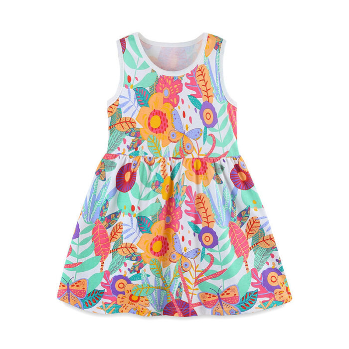 Summer Pure Cotton Cartoon Jungle Floral Pattern Sleeveless Dress for Stylish Girls