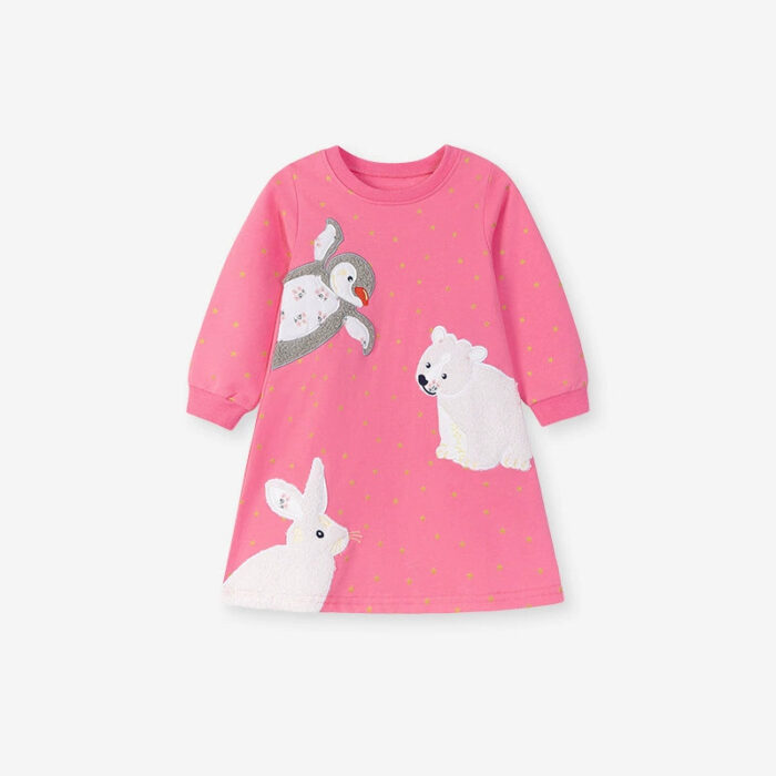 Autumn and Spring Arrival Stars and Animals Cartoon Pattern Long Sleeves Dress for Stylish Girls