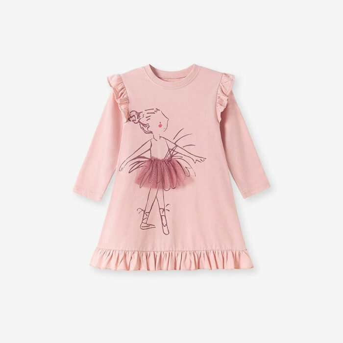Autumn and Spring Arrival Tulle Decorated Fairy Cartoon Pattern Long Sleeves Dress for Stylish Girls