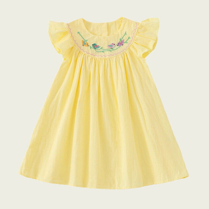 Summer Baby Kids Girls Sleeveless Birds Embroidery Yellow Dress