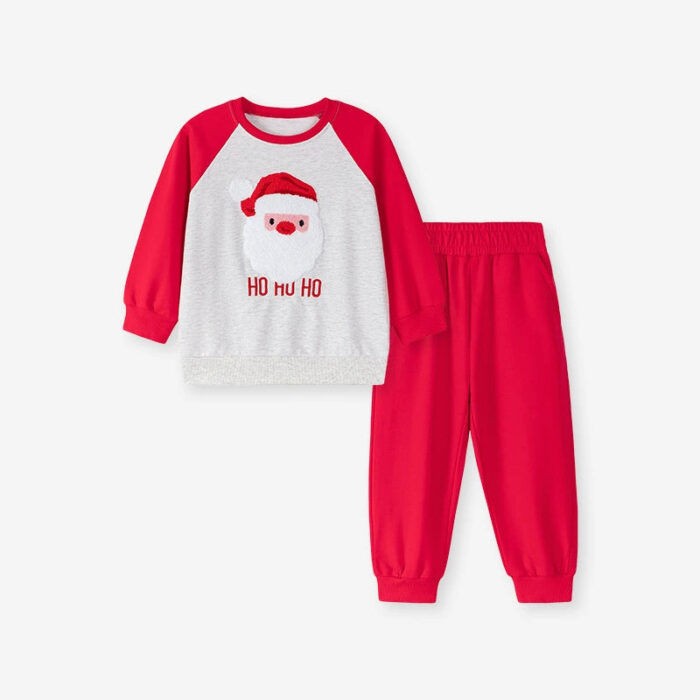 Spring and Autumn Boys Christmas Cartoon Pattern Long Sleeves Color Patchwork Sweatshirt and Pants Clothing Set