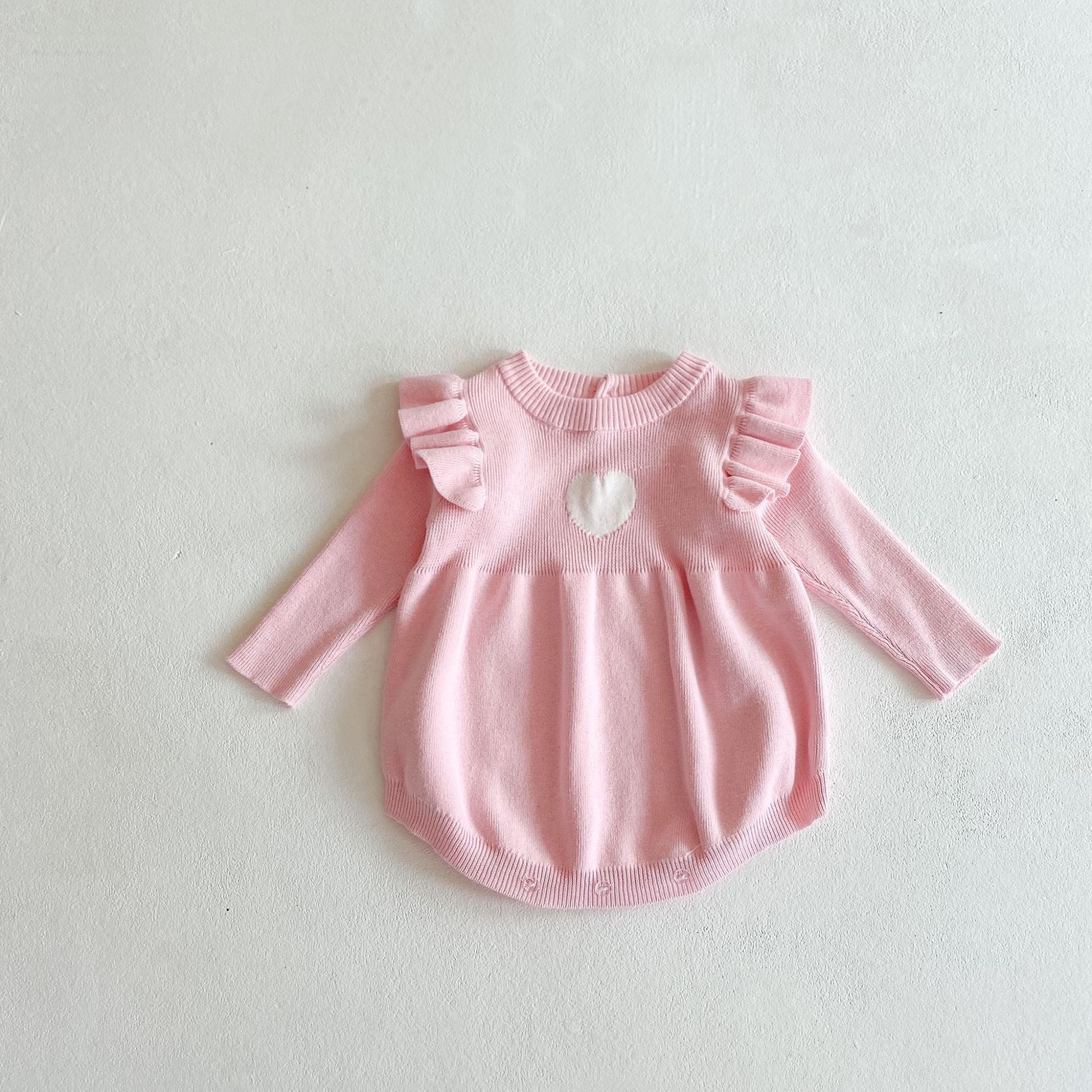 Baby Girl 1pcs Heart Embroidered Pattern Ruffle Long Sleeve Knit Onesies - Image 23