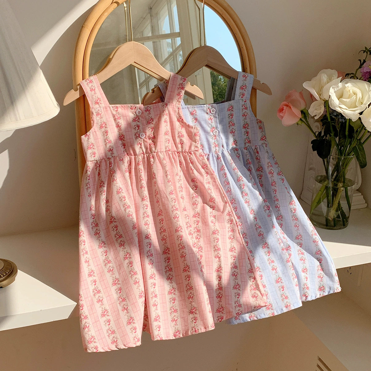 Summer Baby Kids Girls Sleeveless Flowers Pattern Printed Striped Dress