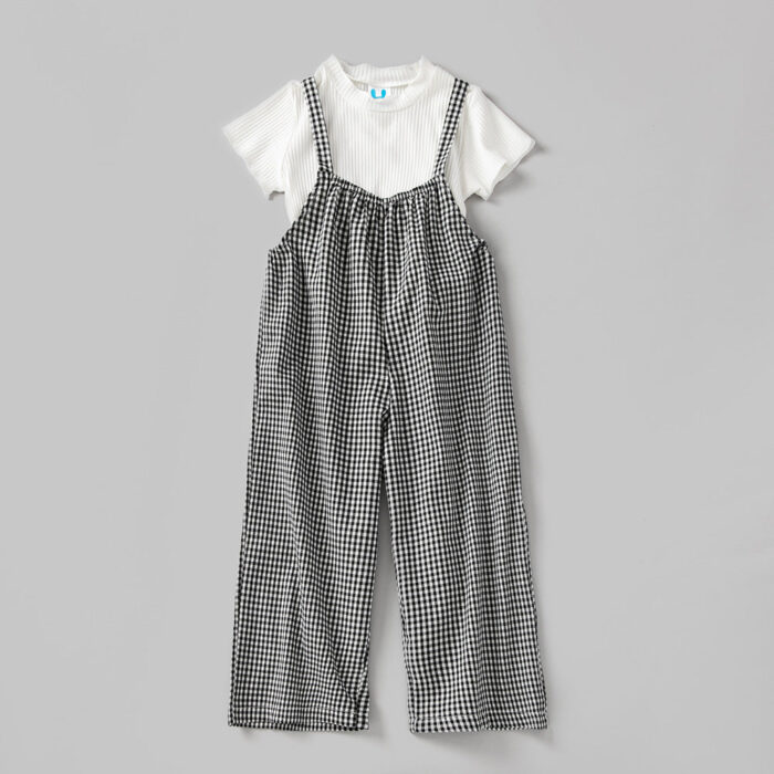 Baby Girl Solid Color Tops Combo Plaid Pattern Overalls 2-Pieces Sets
