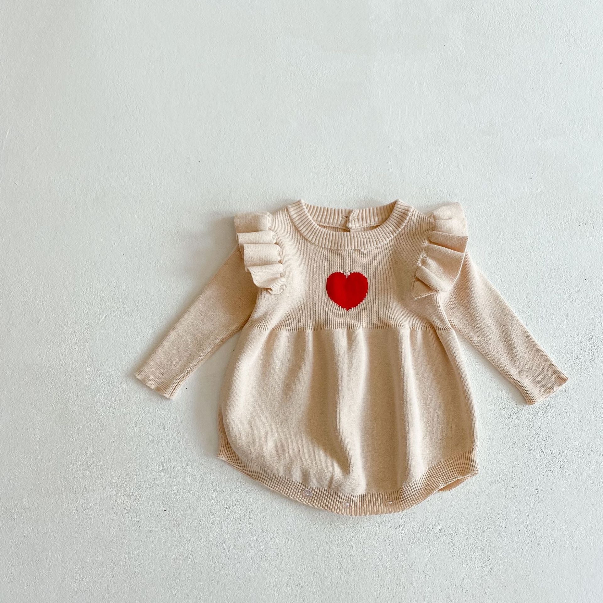 Baby Girl 1pcs Heart Embroidered Pattern Ruffle Long Sleeve Knit Onesies - Image 14