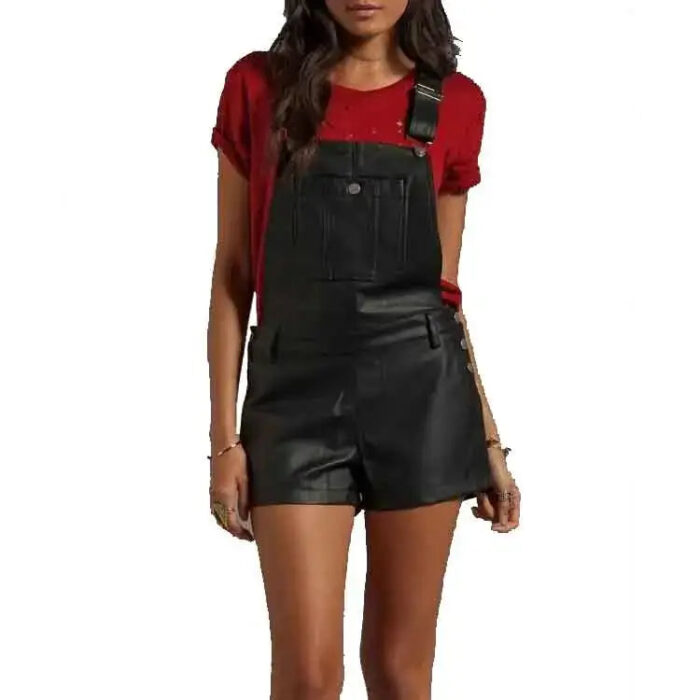 Women's Black Faux Leather Overall Romper
